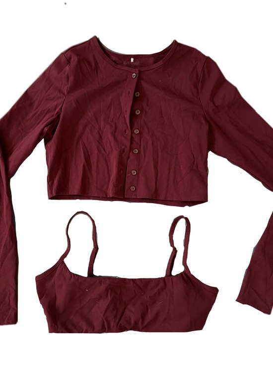 Garage Tops - Garage Burgundy Long-Sleeve Crop Cardigan with Matching Bralette